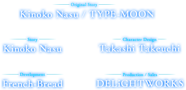 Created By Kinoko Nasu / TYPE-MOON Story Kinoko Nasu Character Design Takashi Takeuchi Development French-Bread Production / Sales DELiGHTWORKS